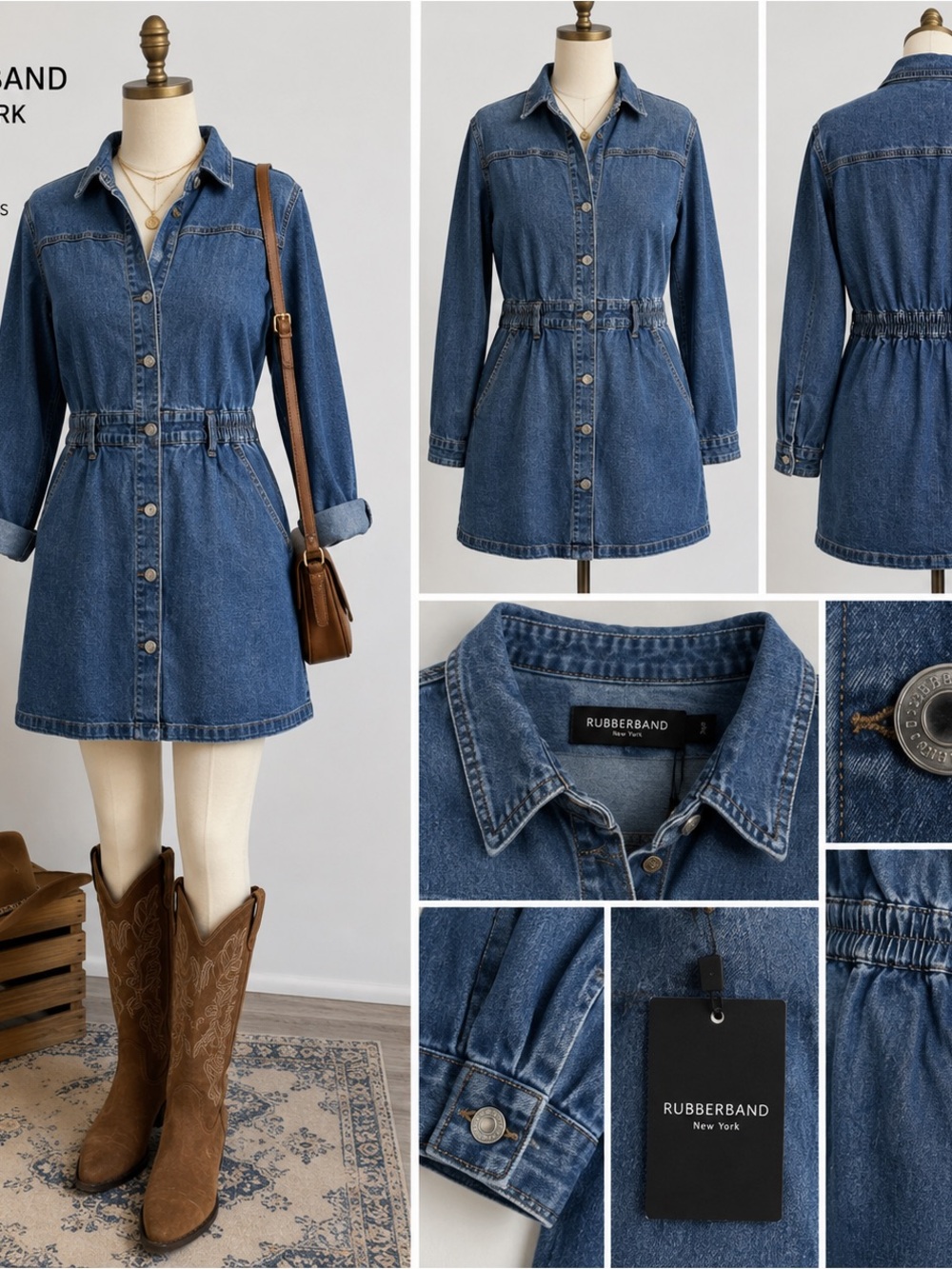 Rubberband New York XL Denim Shirt Dress Button Front Cinched Waist Utility